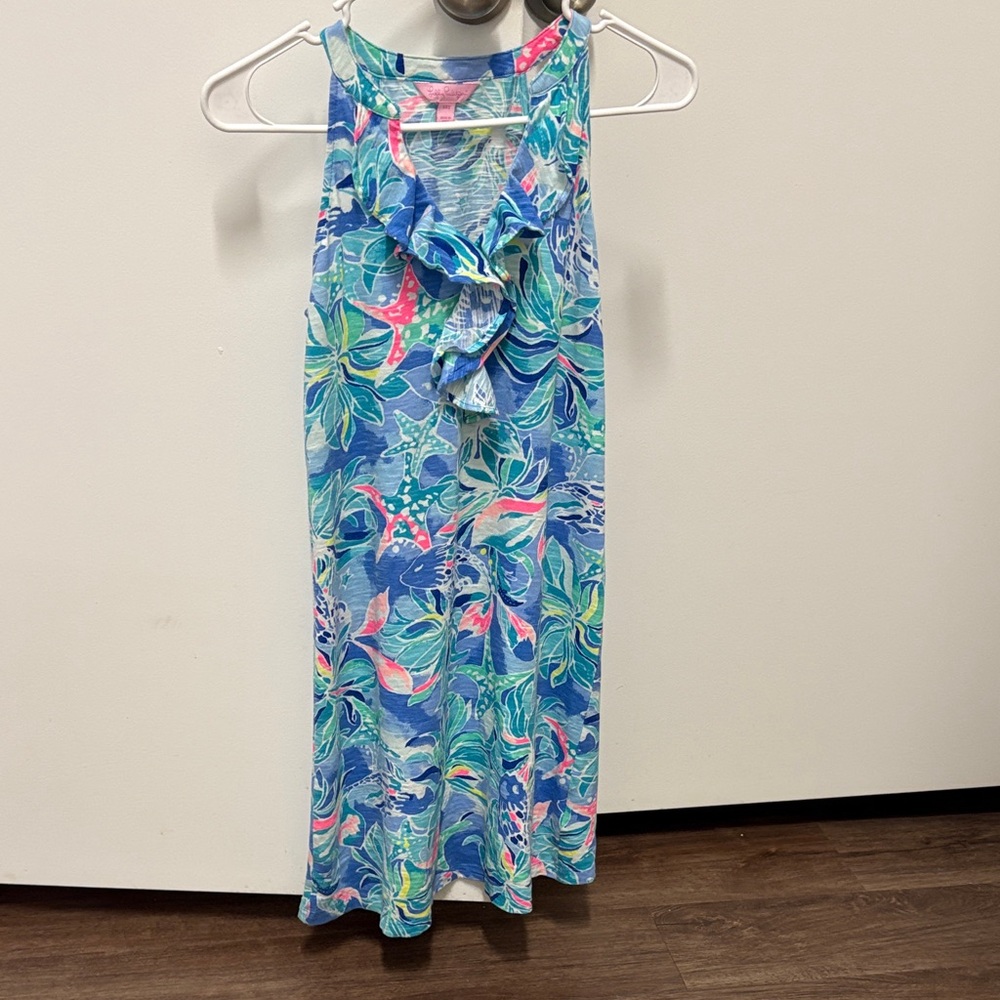 Tropical Ruffle Tank Maxi Dress - Blue, Teal & Pink